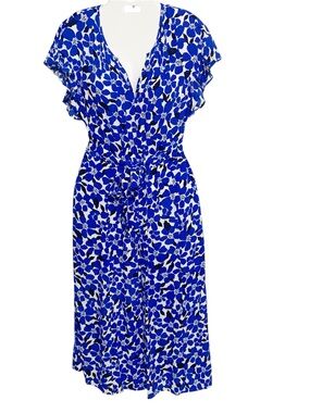 Trenery Dress Womens Size 8 Blue Floral Midi Hibiscus Coastal Summer Resortwear